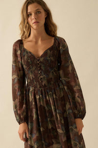 Moody Blooms Smocked Floral Midi Peasant Dress - ShopPromesa