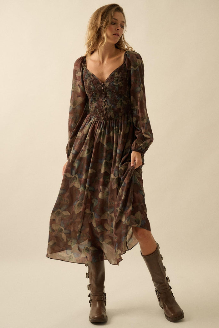 Moody Blooms Smocked Floral Midi Peasant Dress - ShopPromesa
