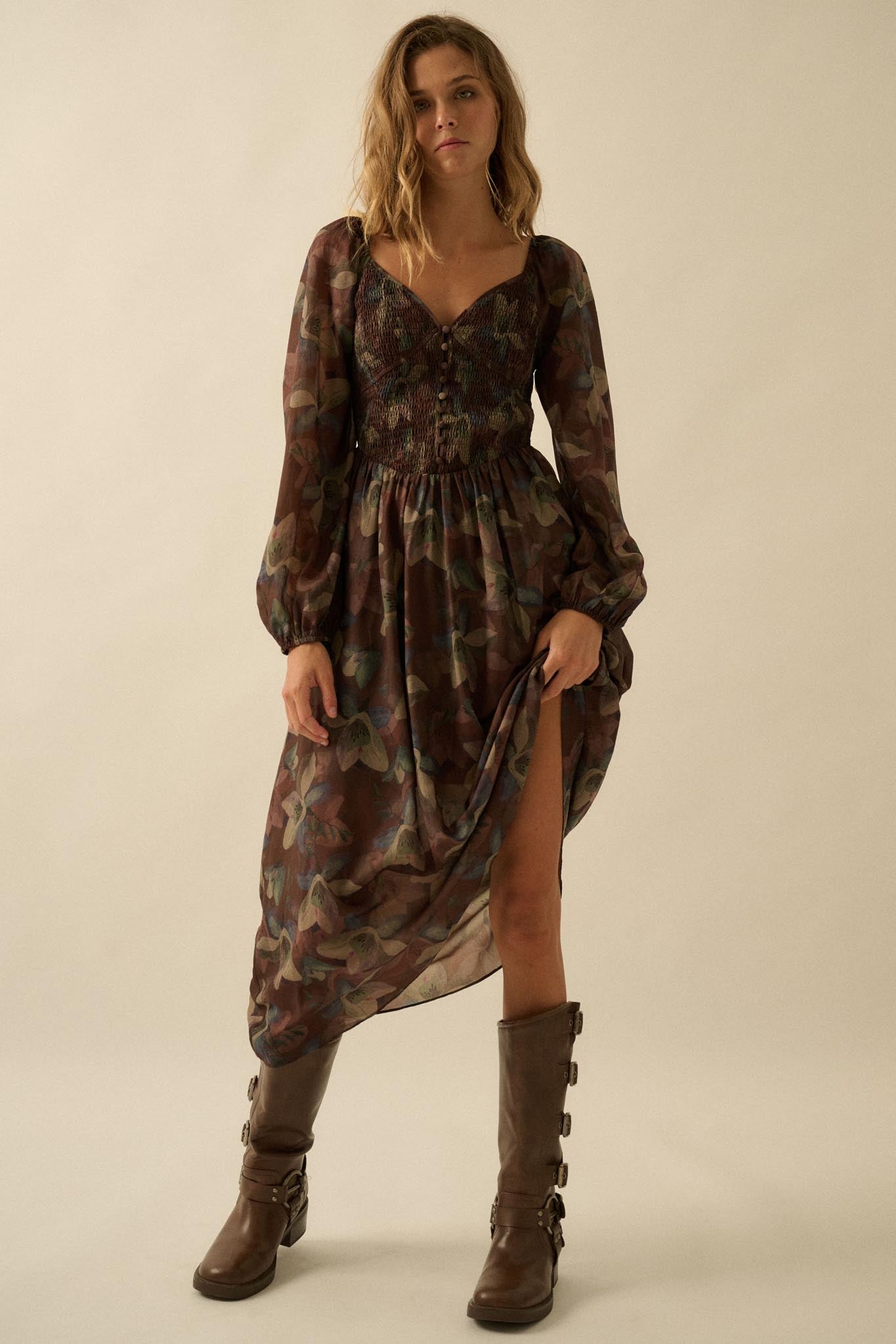 Moody Blooms Smocked Floral Midi Peasant Dress - ShopPromesa