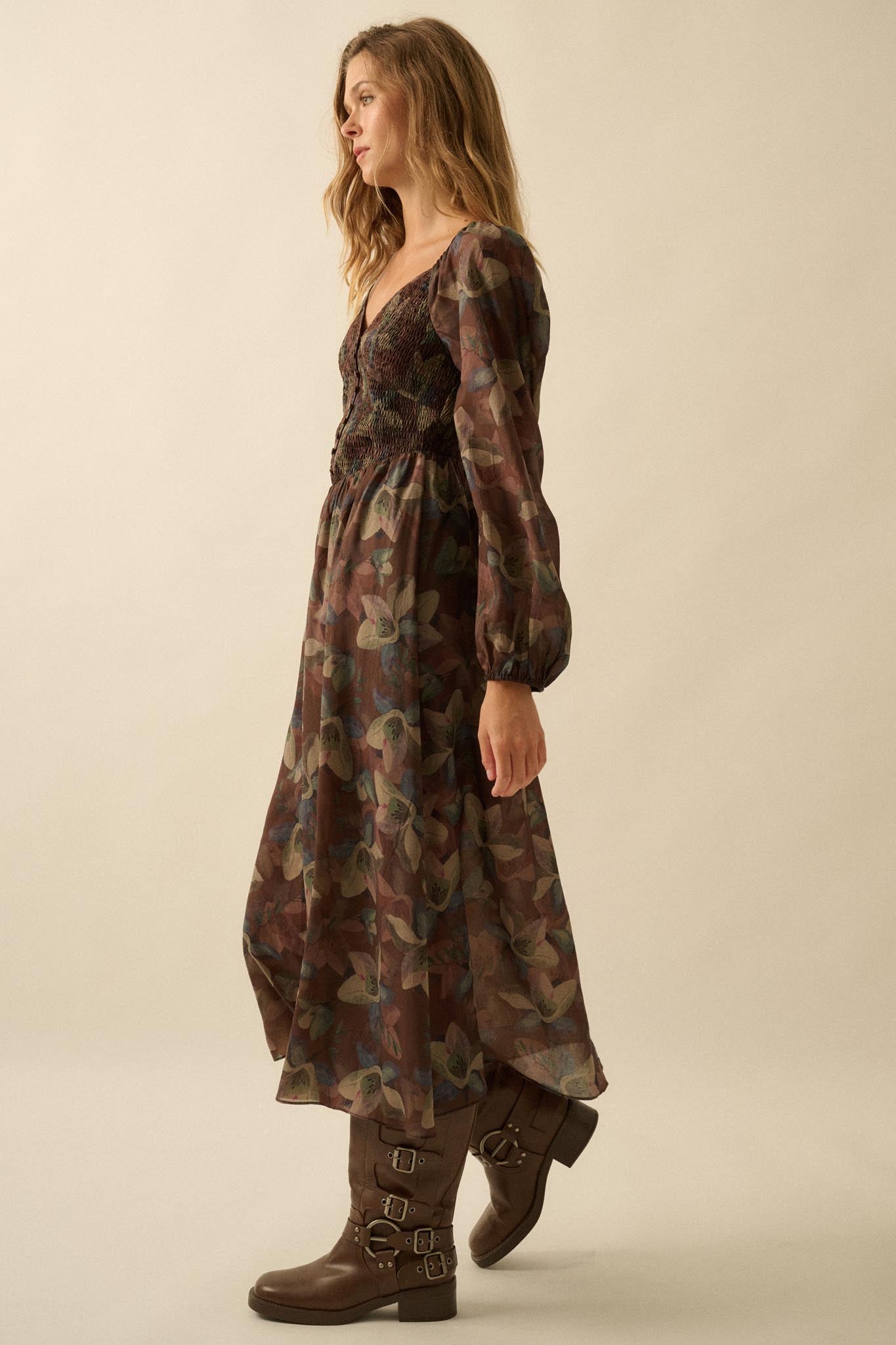 Moody Blooms Smocked Floral Midi Peasant Dress - ShopPromesa