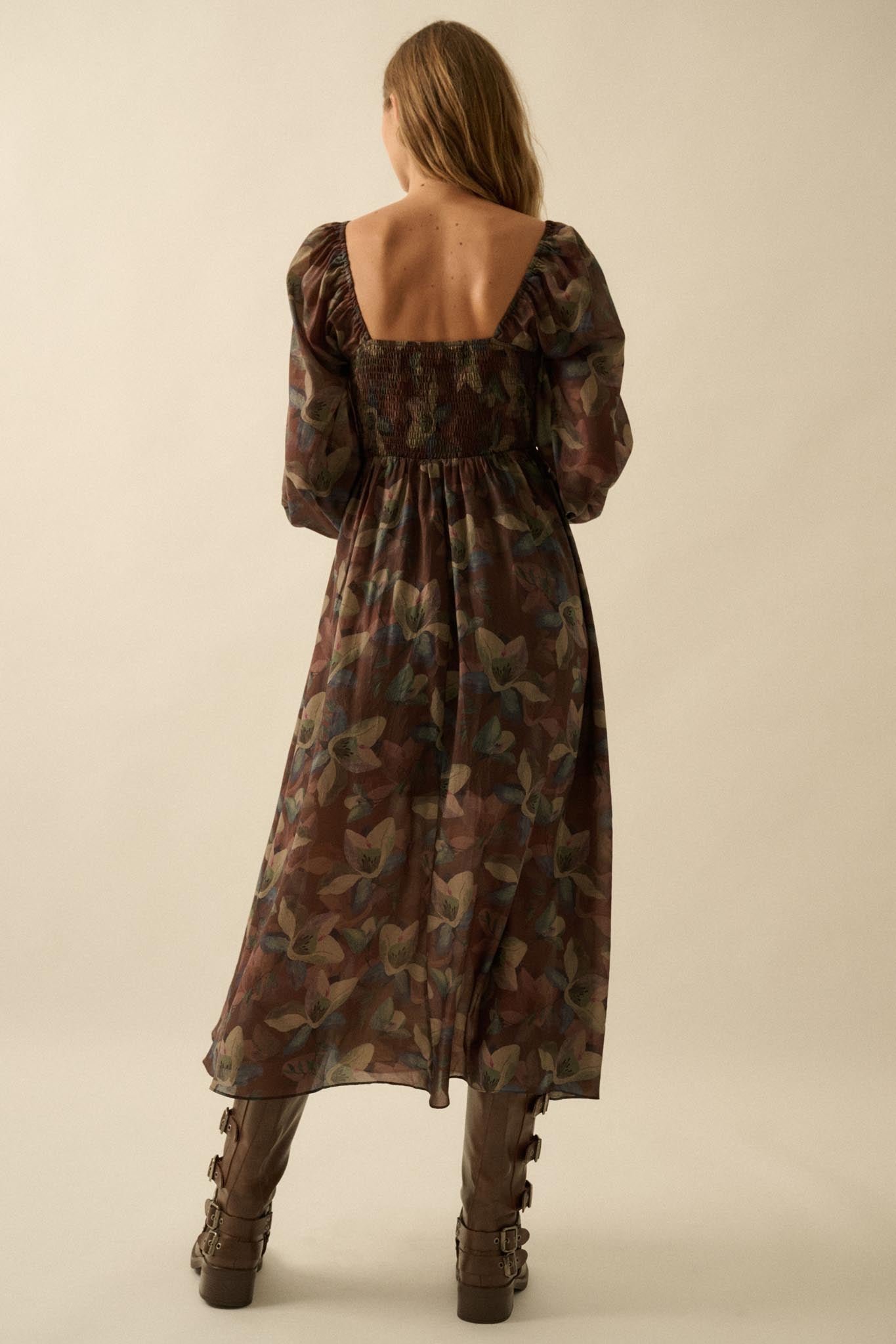 Moody Blooms Smocked Floral Midi Peasant Dress - ShopPromesa