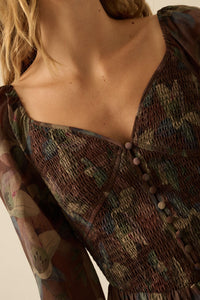 Moody Blooms Smocked Floral Midi Peasant Dress - ShopPromesa