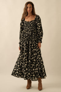 Lost Blossoms Smocked Floral Midi Peasant Dress - ShopPromesa