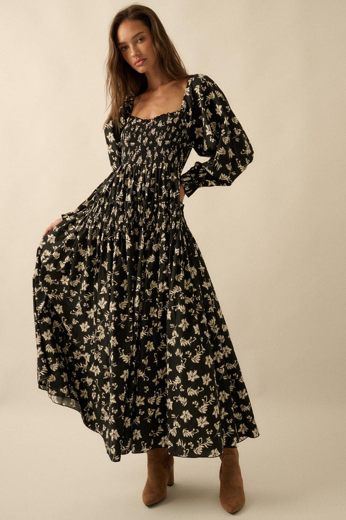 Lost Blossoms Smocked Floral Midi Peasant Dress - ShopPromesa