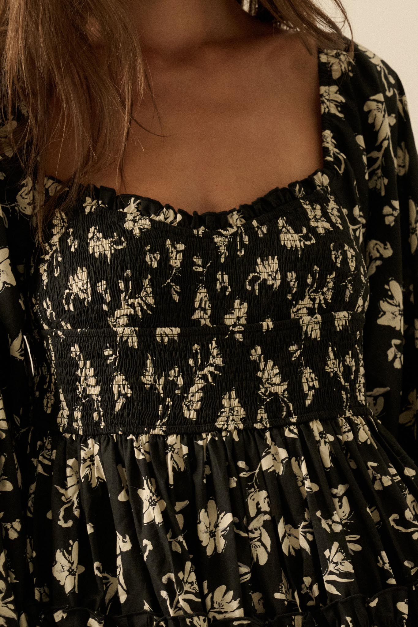 Lost Blossoms Smocked Floral Midi Peasant Dress - ShopPromesa