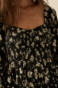 Lost Blossoms Smocked Floral Midi Peasant Dress - ShopPromesa