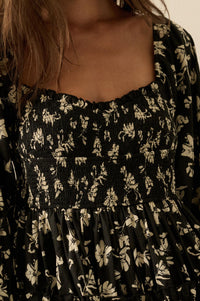 Lost Blossoms Smocked Floral Midi Peasant Dress - ShopPromesa