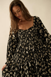 Lost Blossoms Smocked Floral Midi Peasant Dress - ShopPromesa