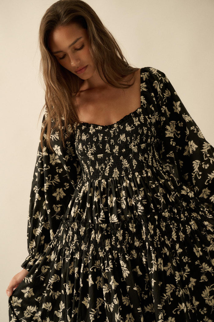 Lost Blossoms Smocked Floral Midi Peasant Dress - ShopPromesa