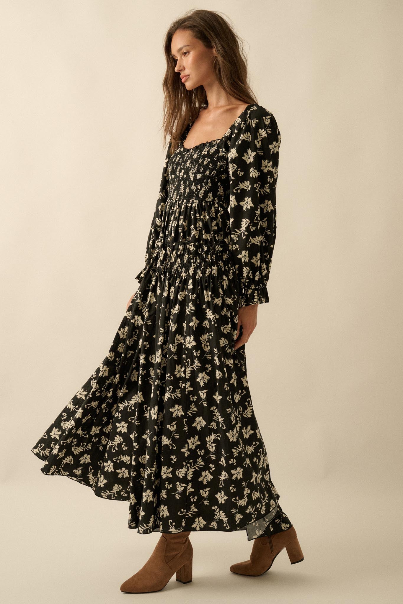 Lost Blossoms Smocked Floral Midi Peasant Dress - ShopPromesa