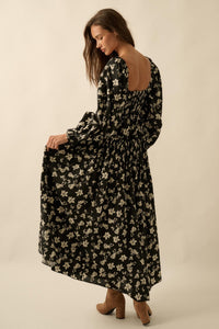 Lost Blossoms Smocked Floral Midi Peasant Dress - ShopPromesa