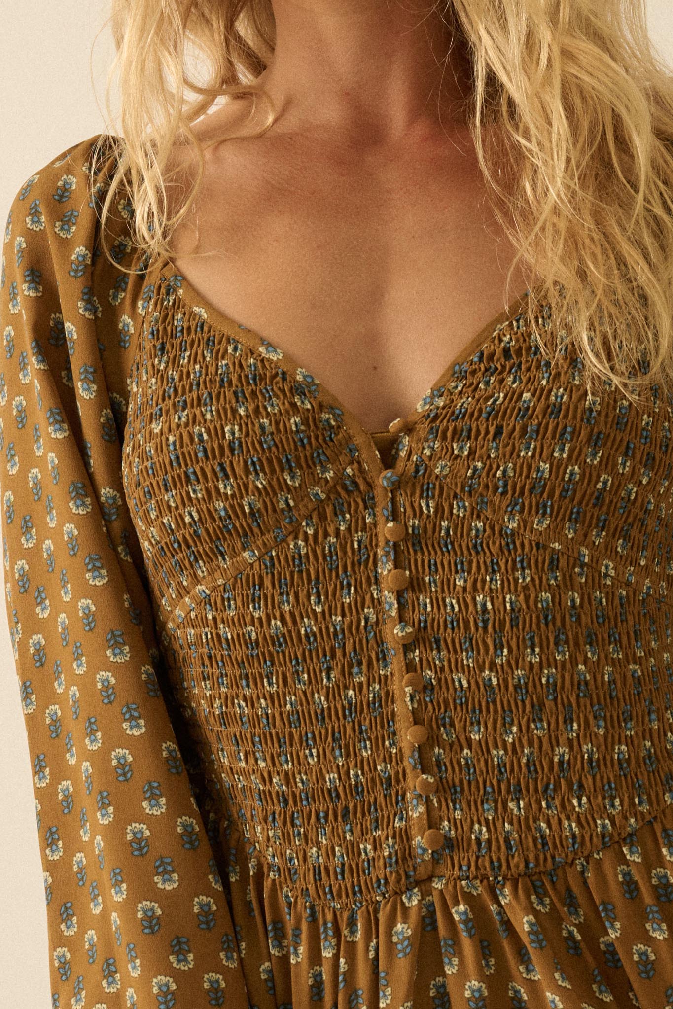 Tiny Petals Smocked Floral Midi Peasant Dress - ShopPromesa