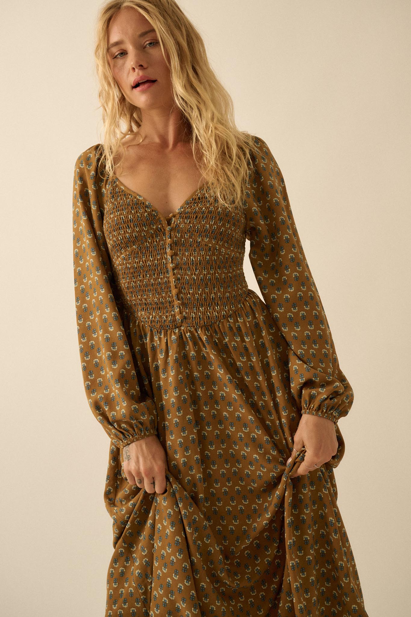 Tiny Petals Smocked Floral Midi Peasant Dress - ShopPromesa