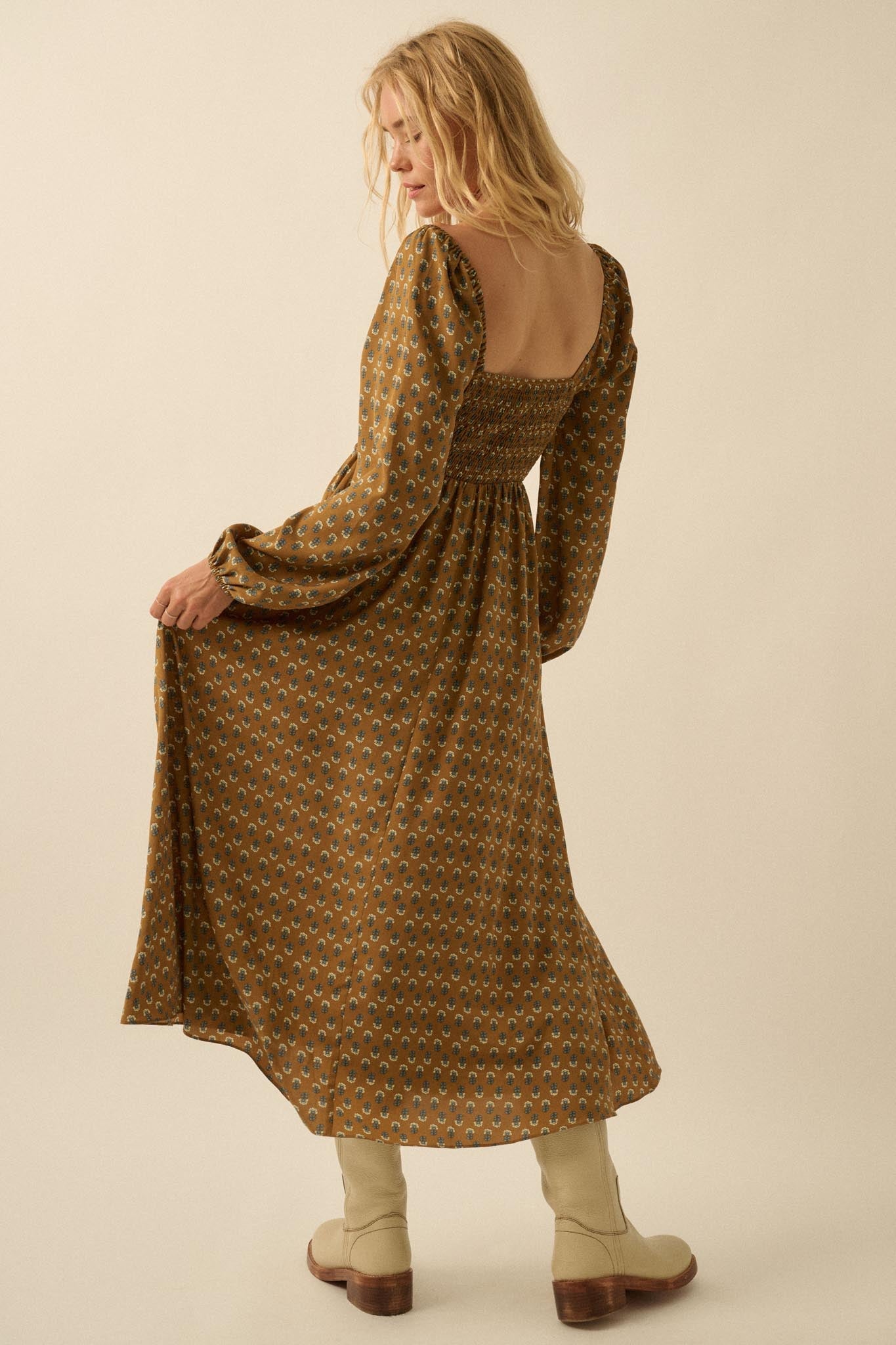 Tiny Petals Smocked Floral Midi Peasant Dress - ShopPromesa