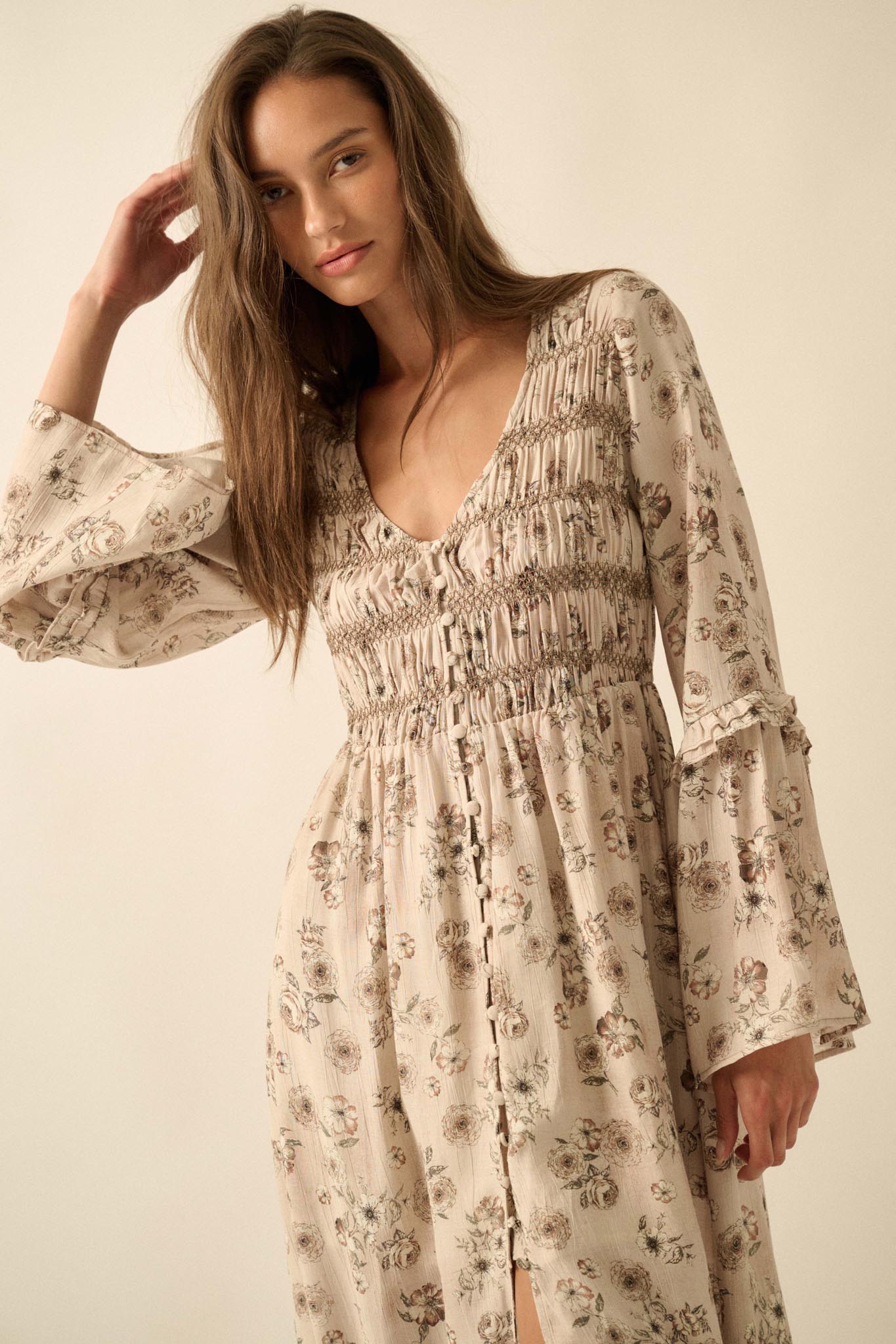 Forever in Bloom Floral Bell-Sleeve Midi Dress, Sand / L Forever in Bloom Floral Bell-Sleeve Midi Dress, Sand / L