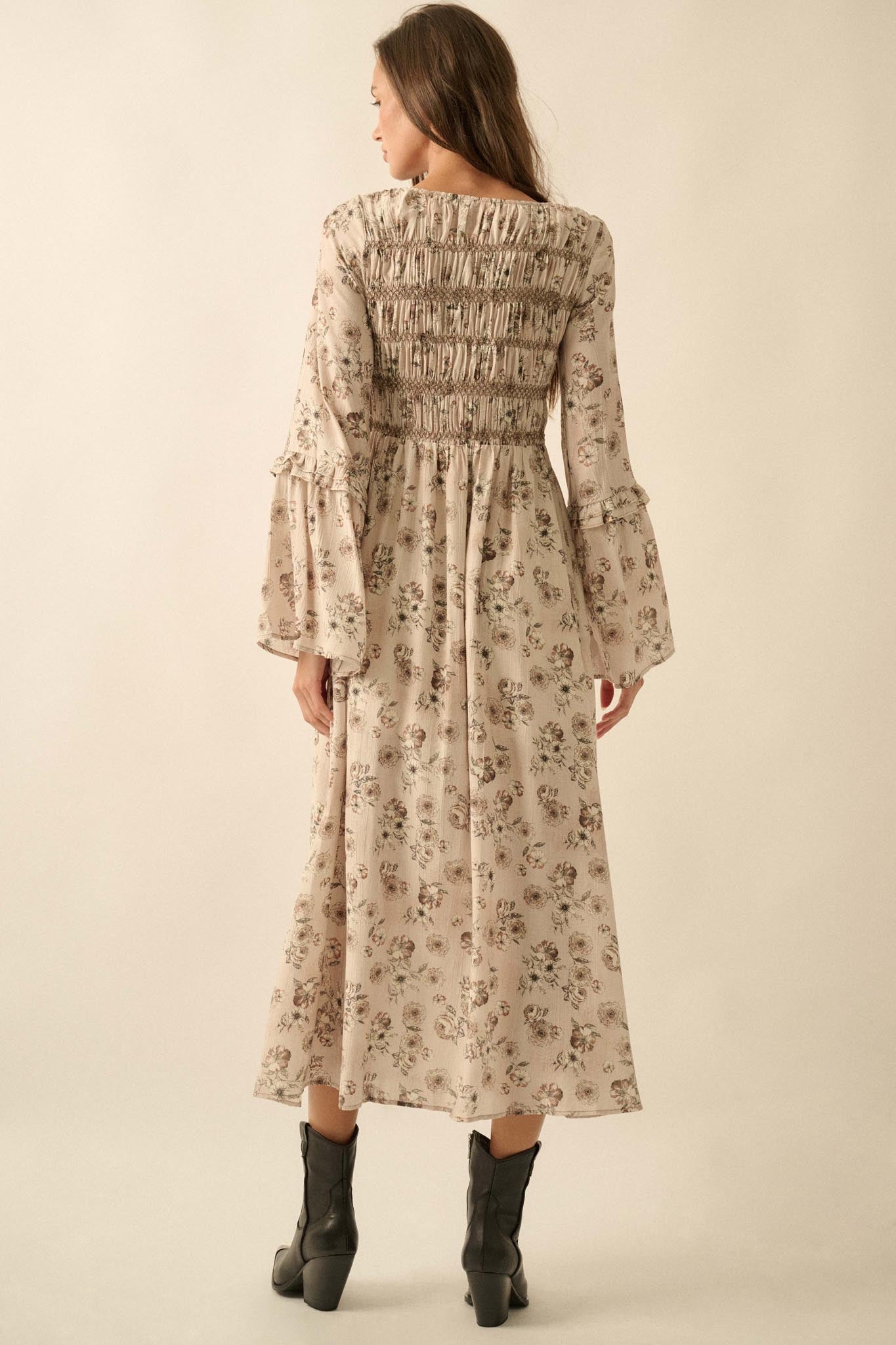 Forever in Bloom Floral Bell-Sleeve Midi Dress, Sand / L Forever in Bloom Floral Bell-Sleeve Midi Dress, Sand / L