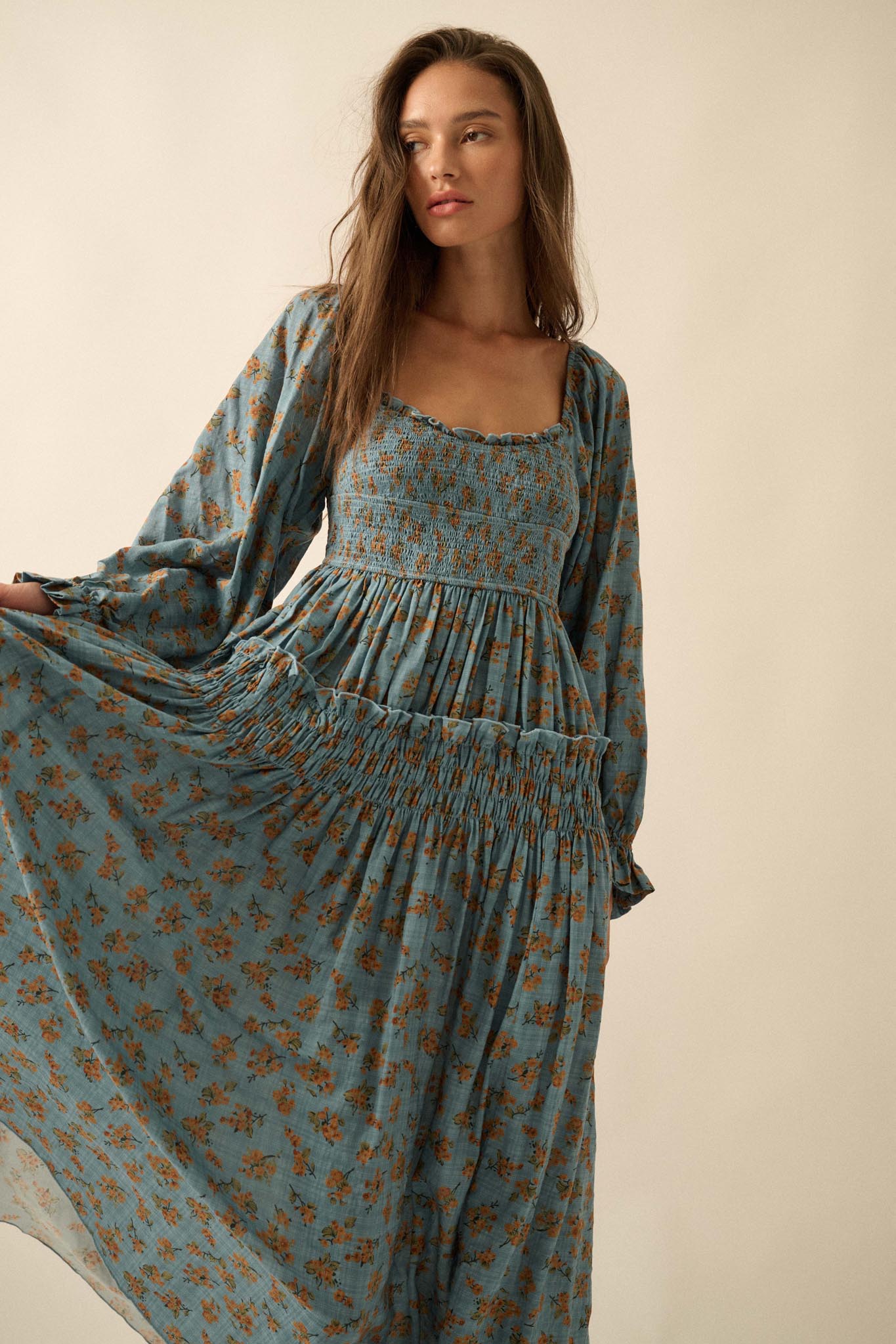 Field Day Floral Plaid Smocked Midi Peasant Dress - ShopPromesa