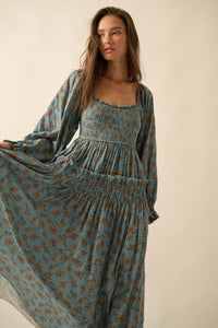 Field Day Floral Plaid Smocked Midi Peasant Dress - ShopPromesa