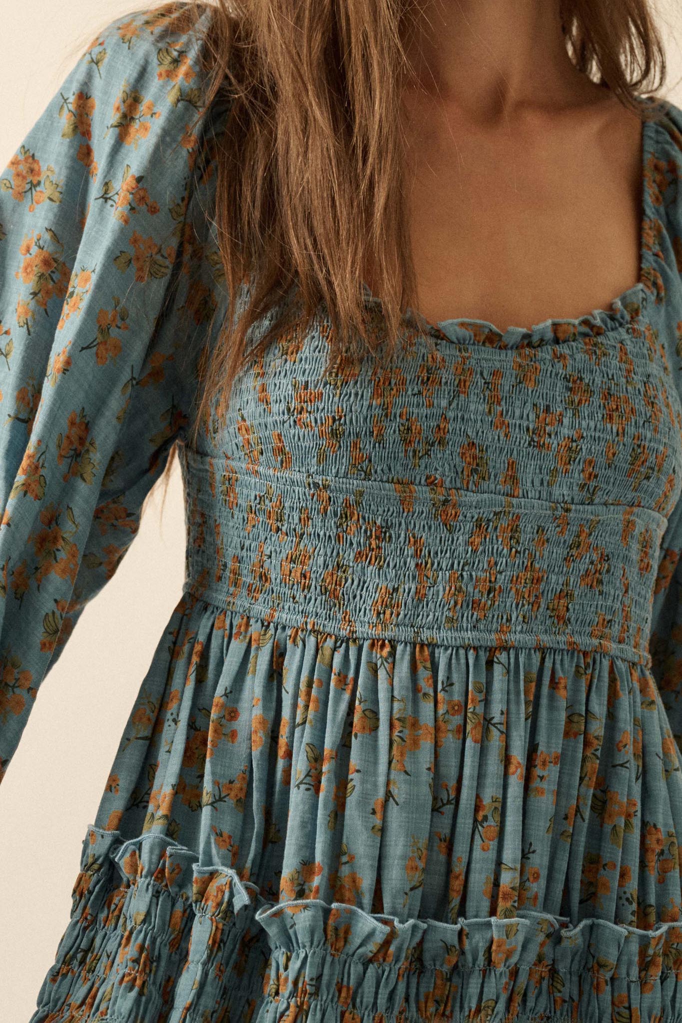 Field Day Floral Plaid Smocked Midi Peasant Dress - ShopPromesa