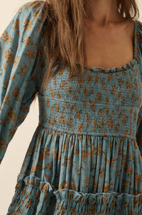 Field Day Floral Plaid Smocked Midi Peasant Dress - ShopPromesa