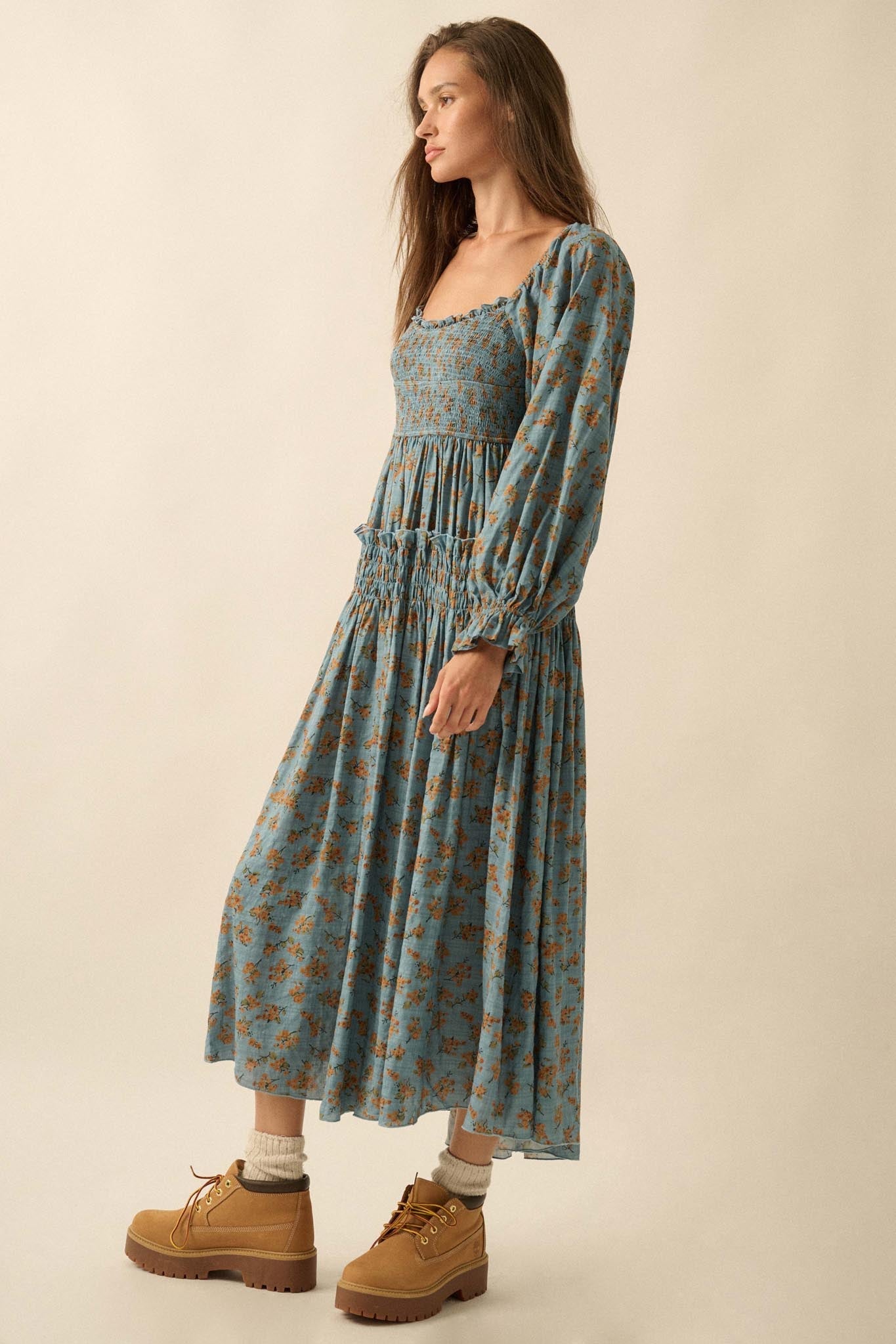 Field Day Floral Plaid Smocked Midi Peasant Dress - ShopPromesa