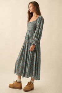 Field Day Floral Plaid Smocked Midi Peasant Dress - ShopPromesa