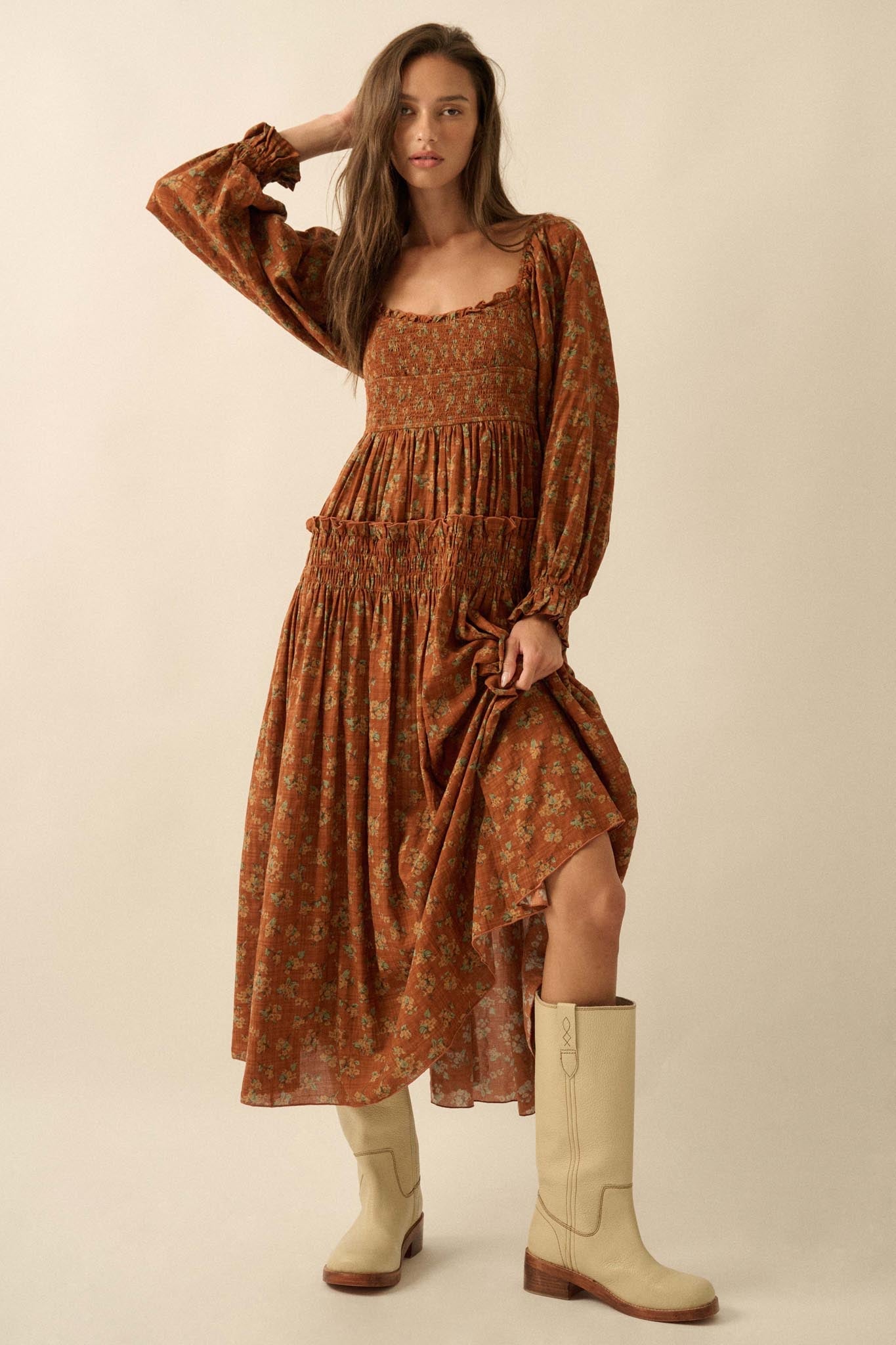 Field Day Floral Plaid Smocked Midi Peasant Dress - ShopPromesa