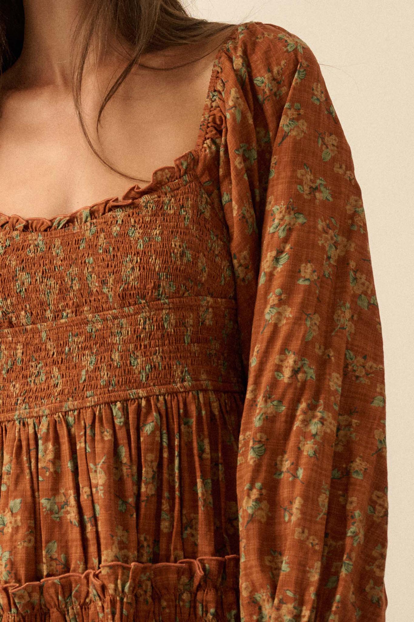 Field Day Floral Plaid Smocked Midi Peasant Dress - ShopPromesa