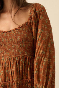 Field Day Floral Plaid Smocked Midi Peasant Dress - ShopPromesa