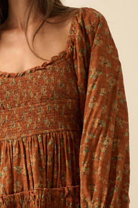 Field Day Floral Plaid Smocked Midi Peasant Dress - ShopPromesa