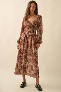 Chestnut Roses Smocked Floral Midi Peasant Dress - ShopPromesa