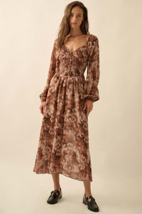 Chestnut Roses Smocked Floral Midi Peasant Dress - ShopPromesa