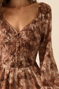 Chestnut Roses Smocked Floral Midi Peasant Dress - ShopPromesa