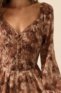 Chestnut Roses Smocked Floral Midi Peasant Dress - ShopPromesa