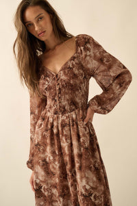 Chestnut Roses Smocked Floral Midi Peasant Dress - ShopPromesa