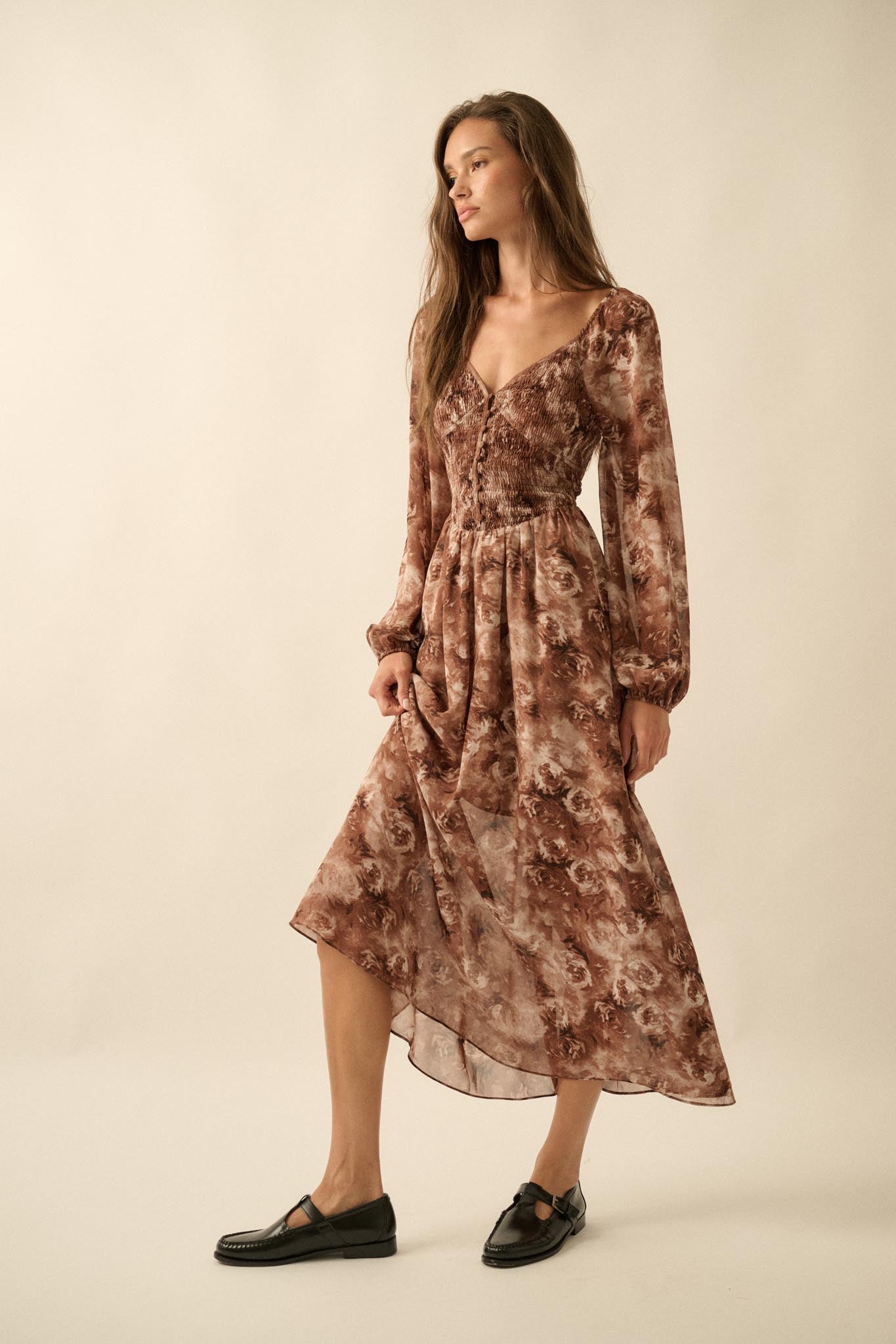 Chestnut Roses Smocked Floral Midi Peasant Dress Brown / L