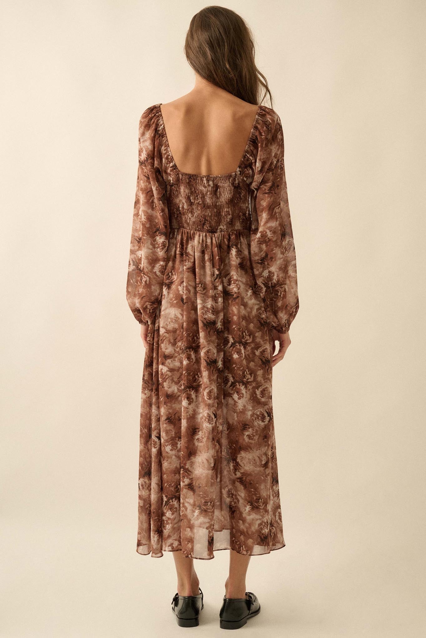 Chestnut Roses Smocked Floral Midi Peasant Dress - ShopPromesa