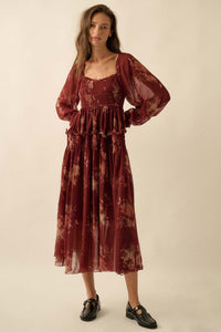 Delicate Blossoms Smocked Floral Chiffon Midi Dress - ShopPromesa