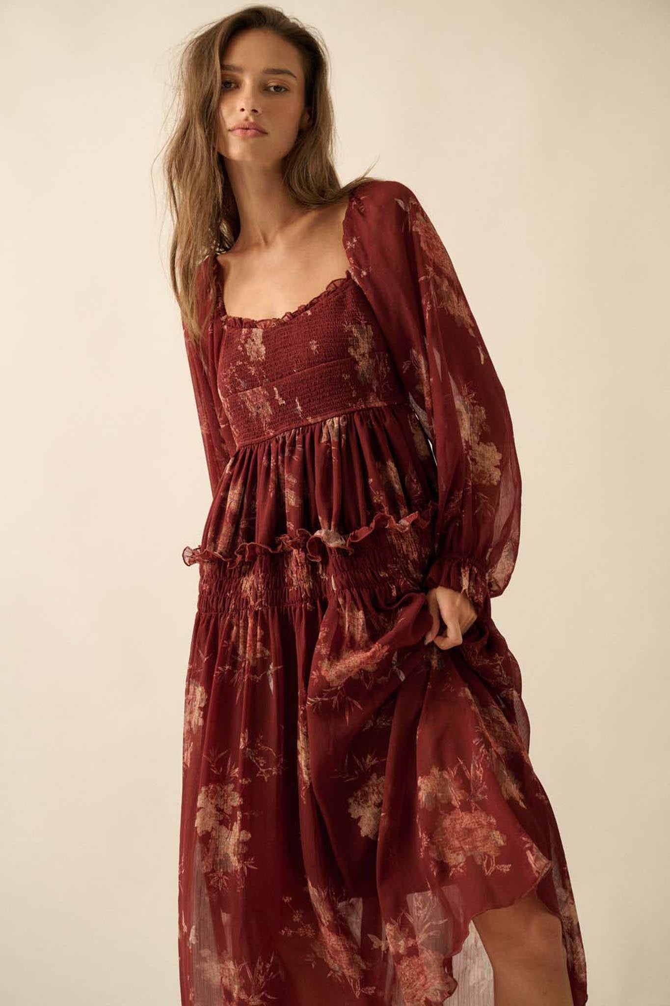 Delicate Blossoms Smocked Floral Chiffon Midi Dress - ShopPromesa