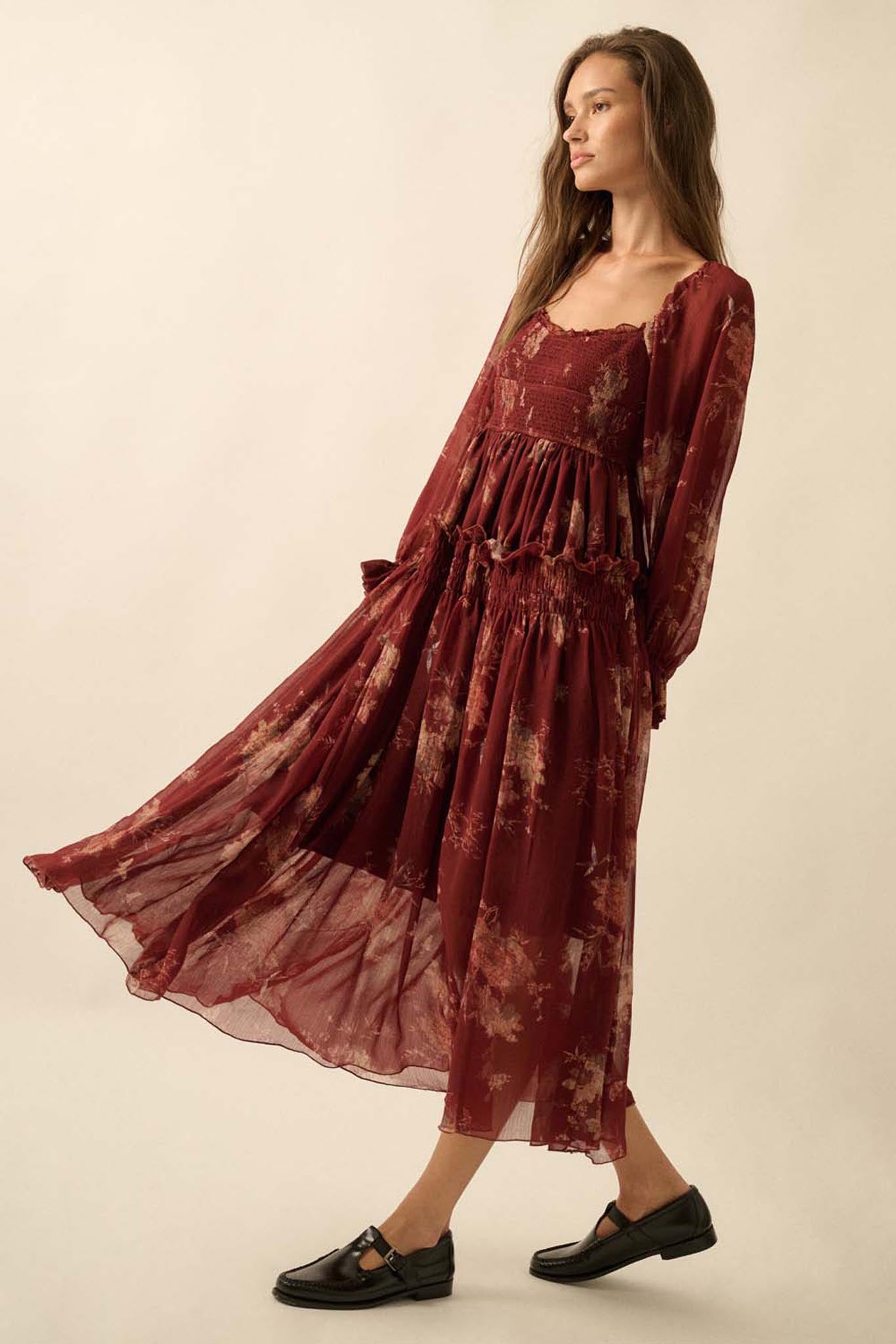 Delicate Blossoms Smocked Floral Chiffon Midi Dress - ShopPromesa