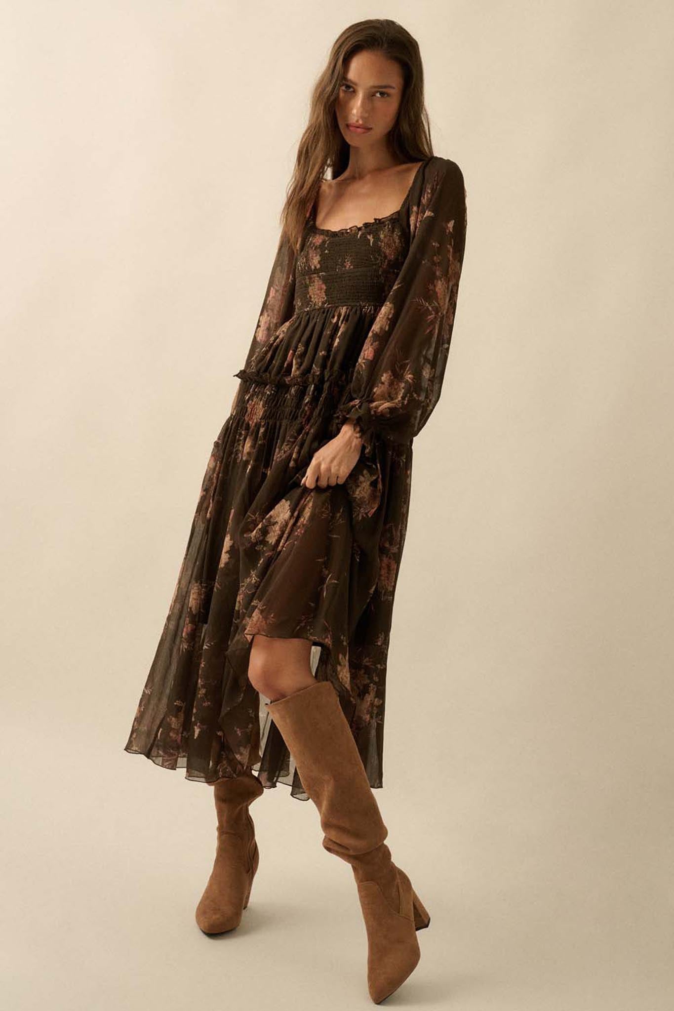 Delicate Blossoms Smocked Floral Chiffon Midi Dress - ShopPromesa