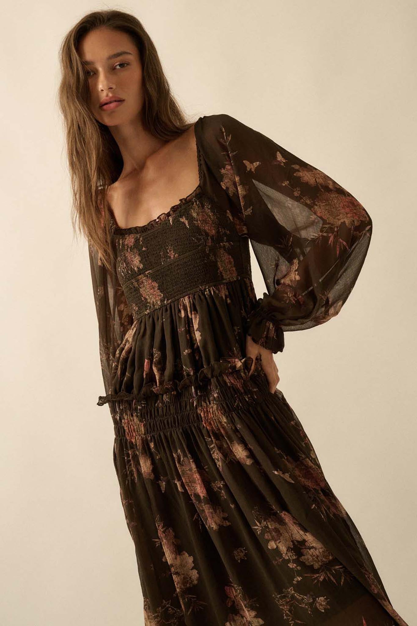Delicate Blossoms Smocked Floral Chiffon Midi Dress - ShopPromesa