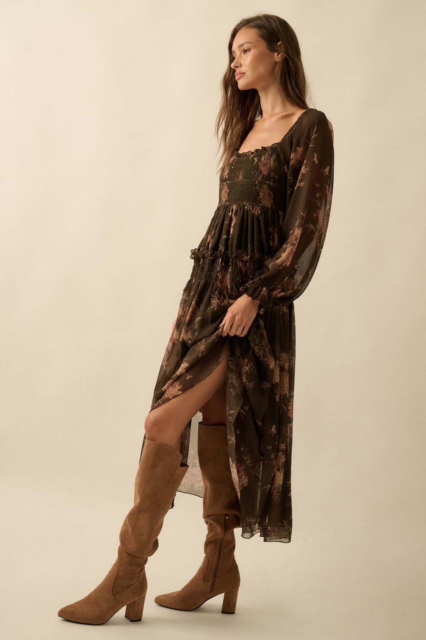 Delicate Blossoms Smocked Floral Chiffon Midi Dress - ShopPromesa