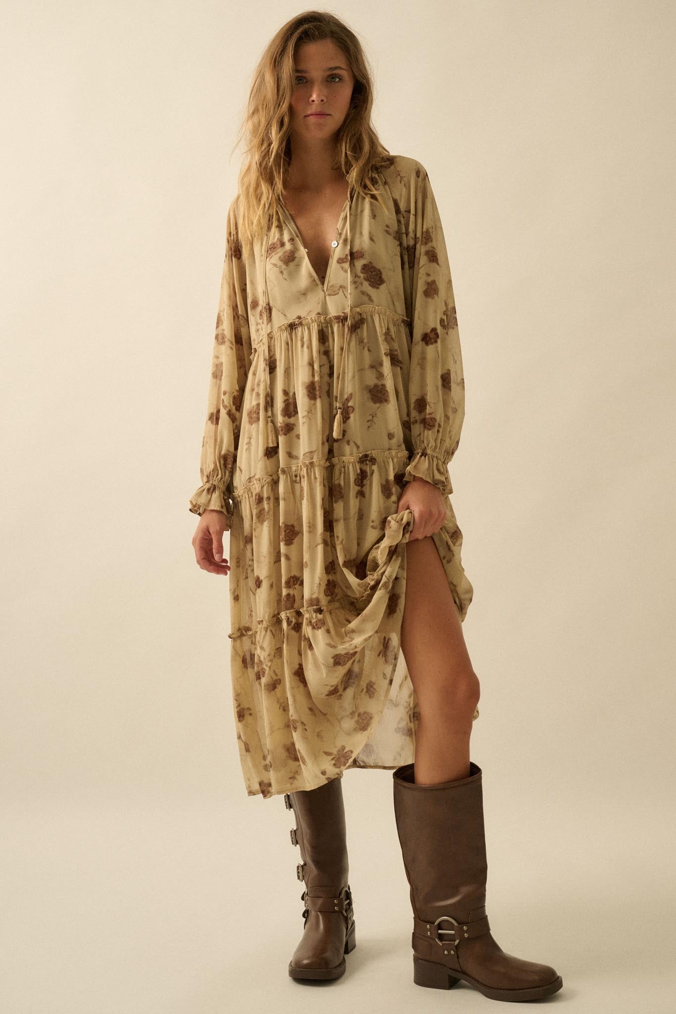 Faded Flowers Tiered Floral Midi Prairie Dress - ShopPromesa