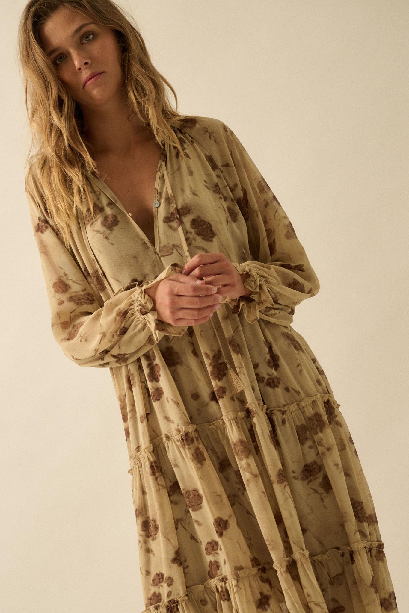 Faded Flowers Tiered Floral Midi Prairie Dress - ShopPromesa