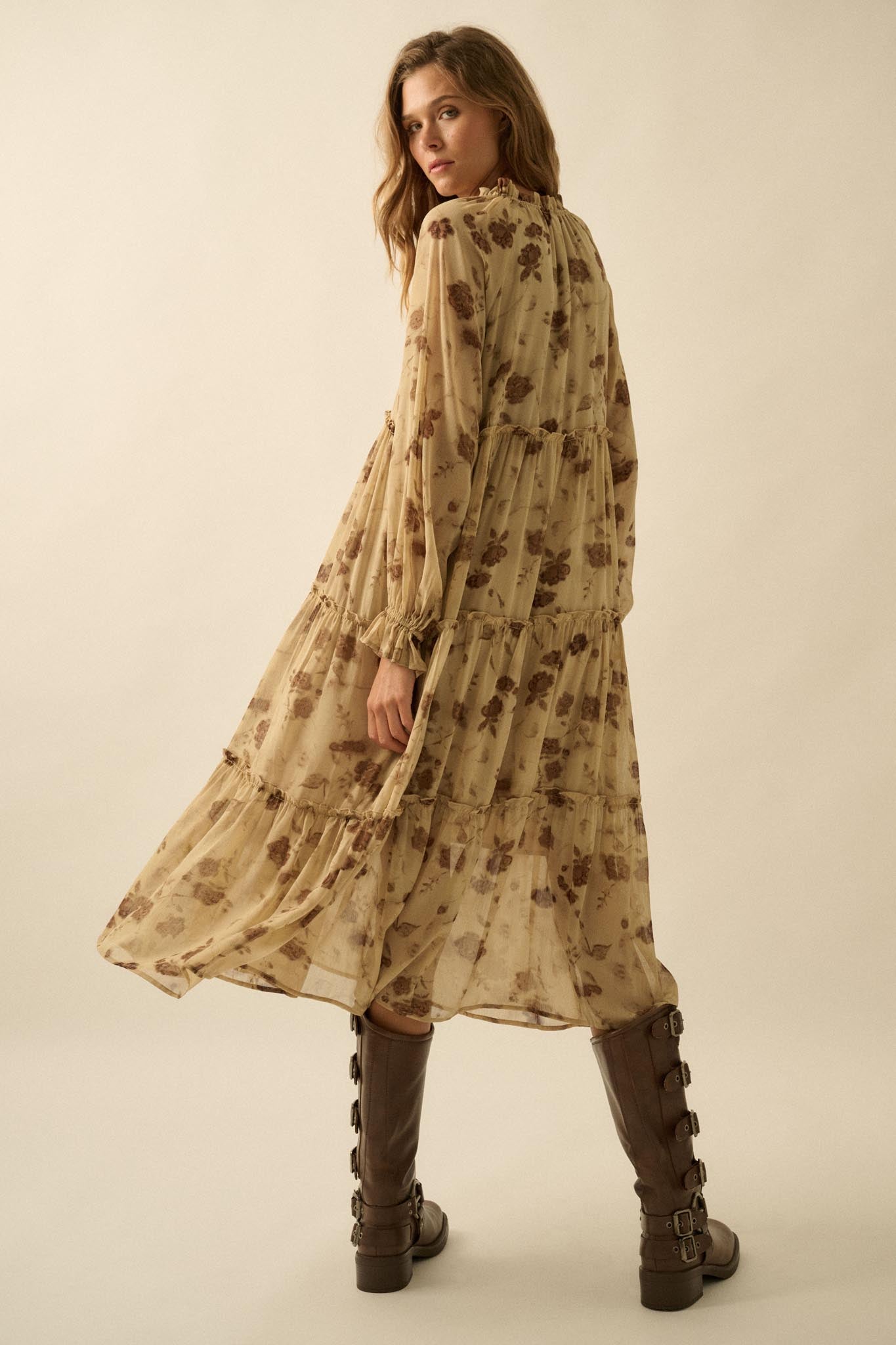 Faded Flowers Tiered Floral Midi Prairie Dress - ShopPromesa