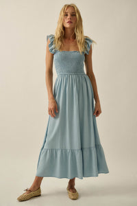 Chambray Sky Denim Smocked Ruffle Midi Dress - ShopPromesa