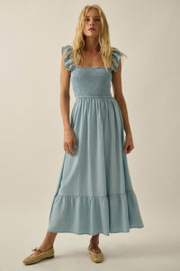 Chambray Sky Denim Smocked Ruffle Midi Dress - ShopPromesa