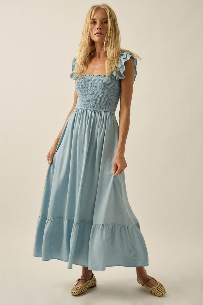 Chambray Sky Denim Smocked Ruffle Midi Dress - ShopPromesa