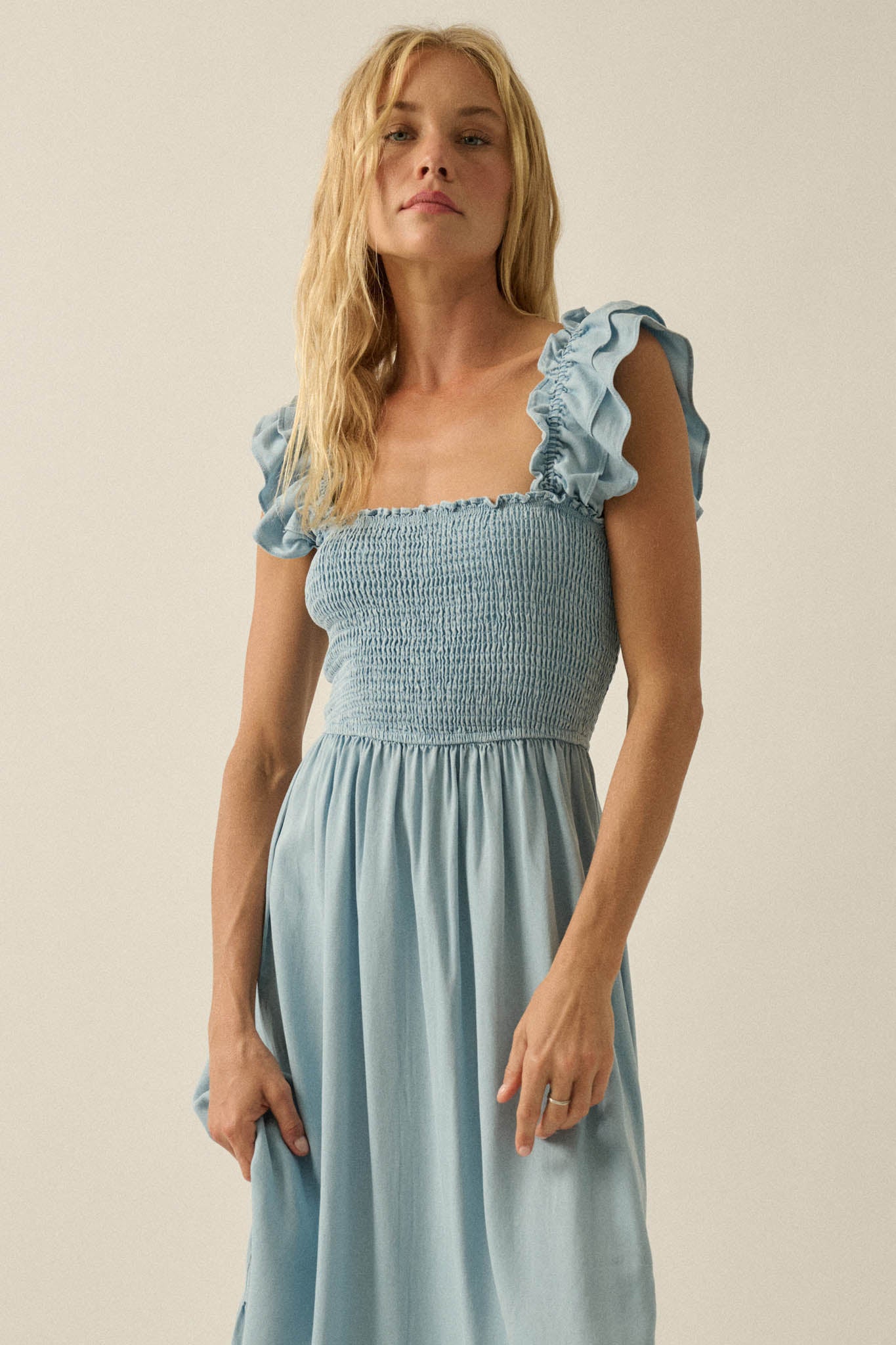 Chambray Sky Denim Smocked Ruffle Midi Dress - ShopPromesa
